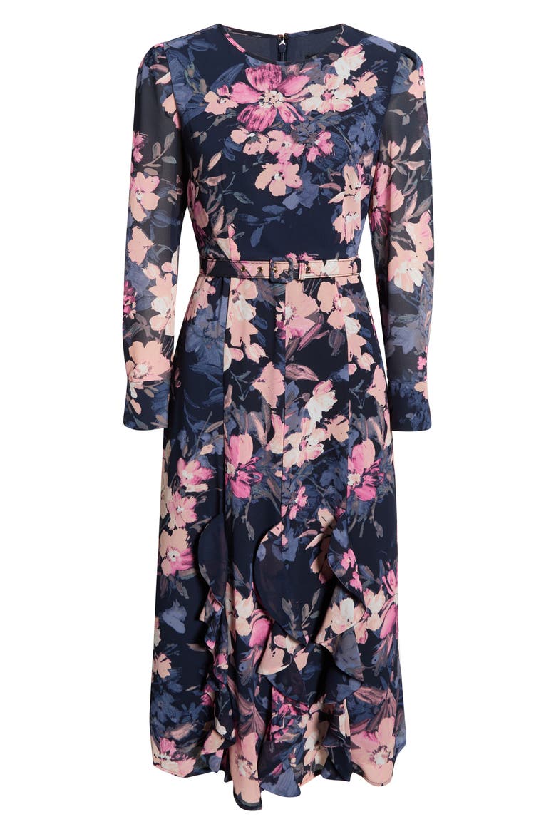 Floral Belted Ruffle Hem Midi Dress, Alternate, color, NAVY PERI FLORAL