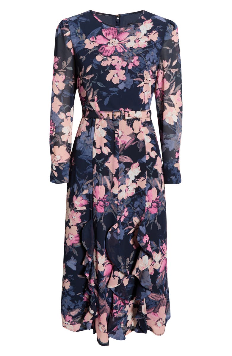 Tahari ASL Floral Belted Ruffle Hem Midi Dress, Main, color, Navy Peri Floral