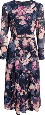 Tahari ASL Floral Belted Ruffle Hem Midi Dress