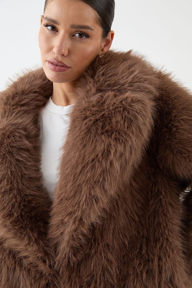 Long Faux Fur Wide Collar Coat, Alternate, color, Brown