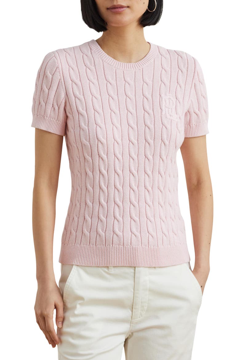 Cable Stitch Short Sleeve Cotton Sweater, Main, color, HINT OF PINK