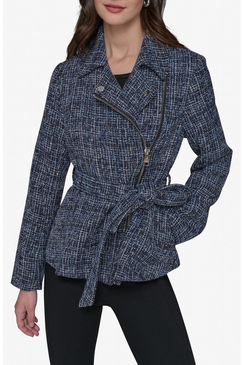 Belted Tweed Moto Jacket, Main, color, BLUE MULTI