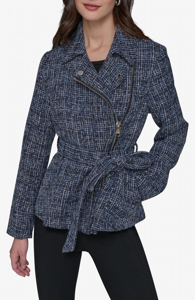 KARL LAGERFELD PARIS Belted Tweed Moto Jacket, Main, color, Blue Multi