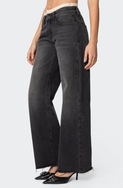 Edikted Karlie Lace Trim Low Rise Wide Leg Jeans In Black-washed