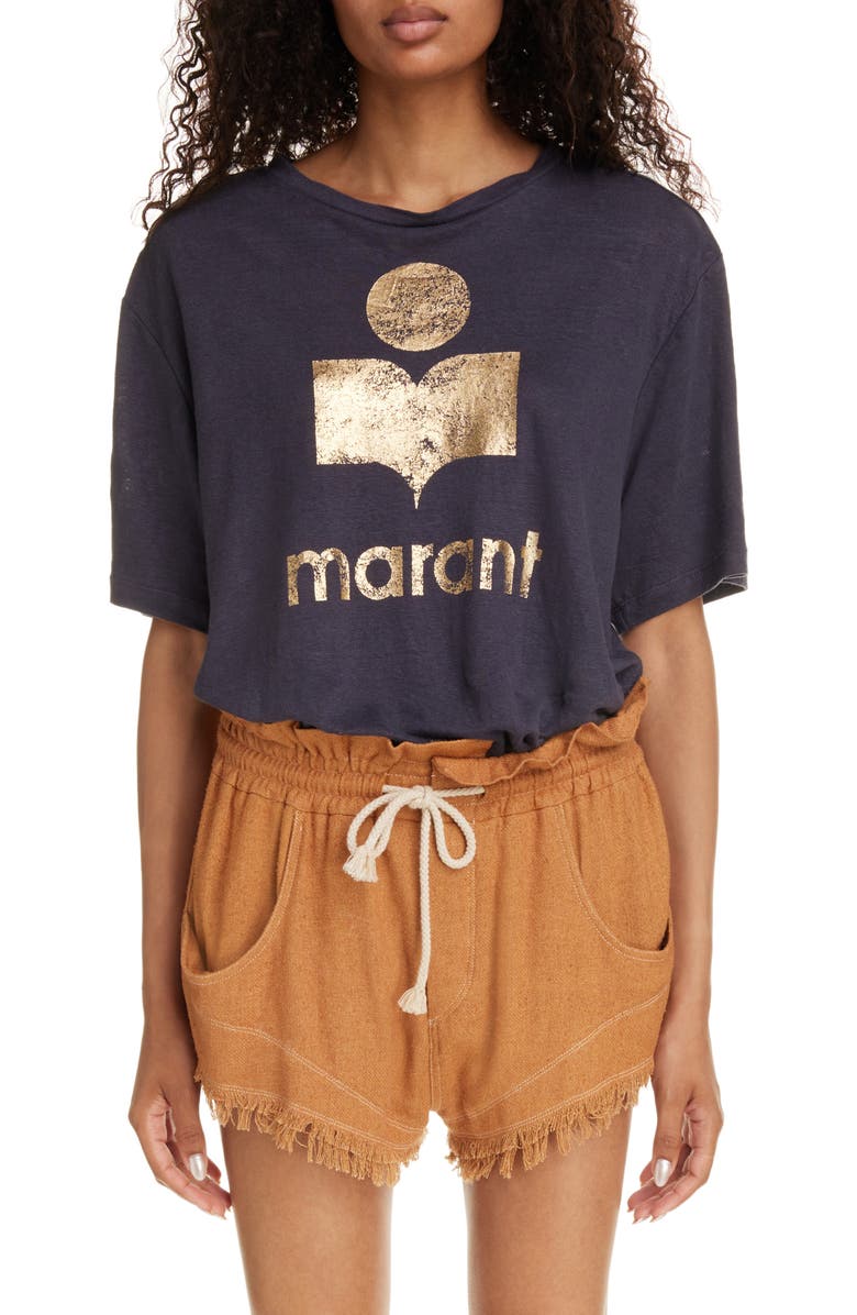 Isabel Marant Étoile Zewel Metallic Logo Slub Linen Graphic T-Shirt, Main, color, 