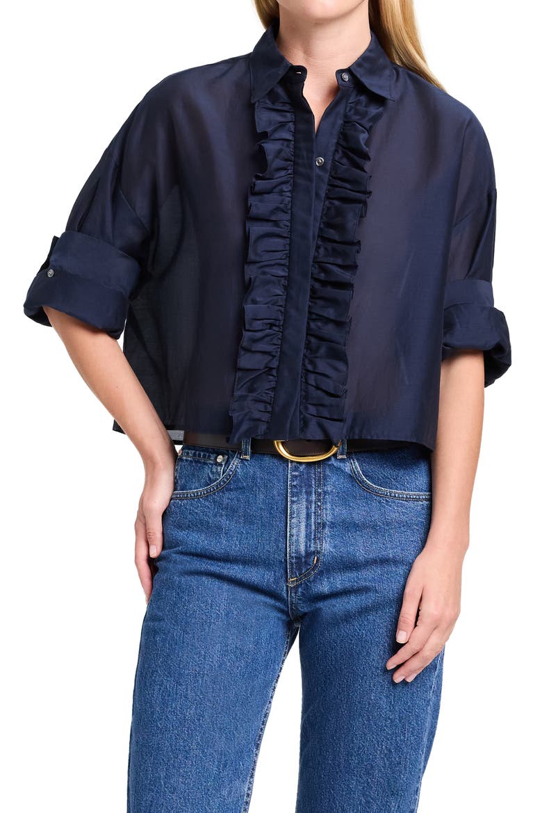 Next Ex Ruffle Crop Shirt, Main, color, MIDNIGHT