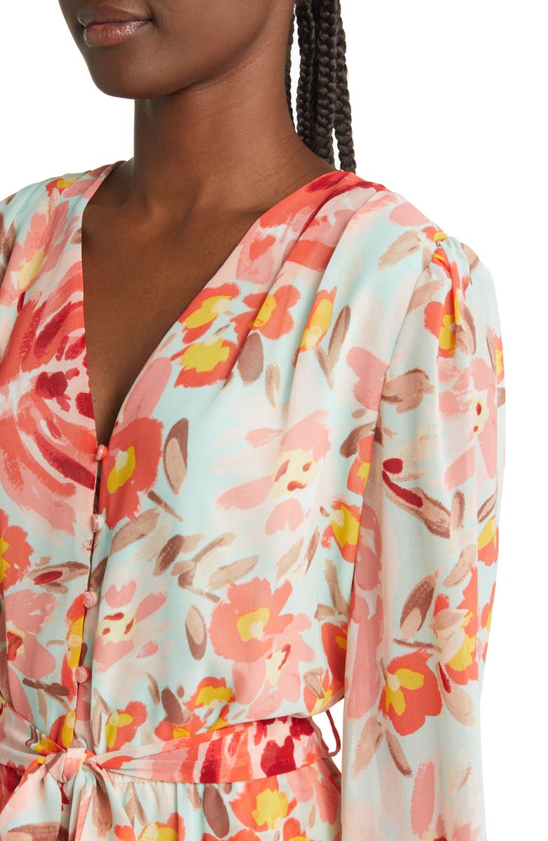 Fraiche by J Sarah Floral Long Sleeve Tie Waist Romper, Alternate, color, 