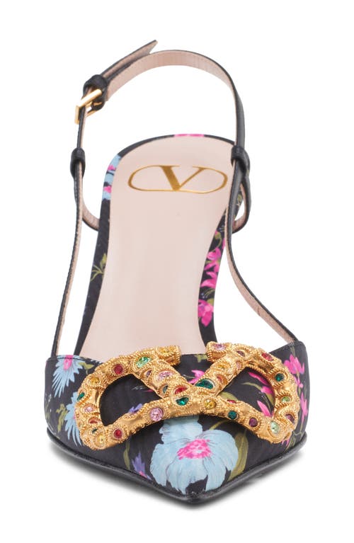 Valentino Floral Print Stiletto Heels With Gold Embellishment In Nero Multi