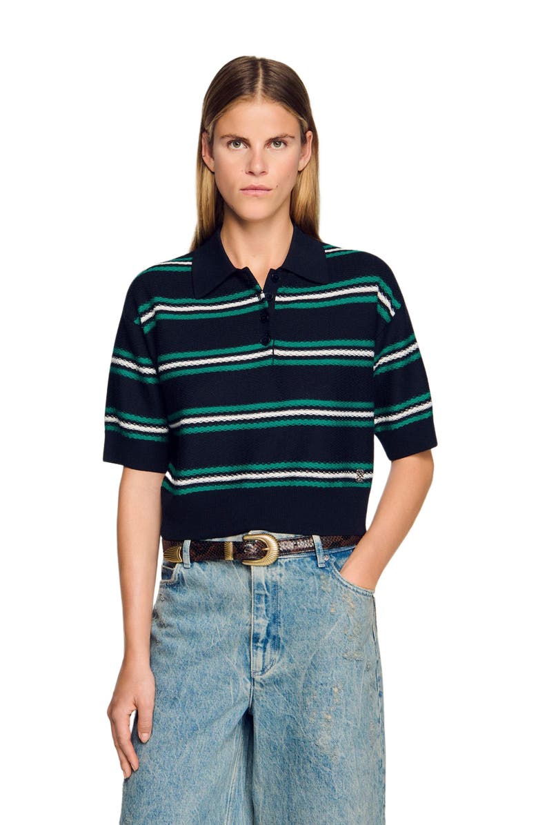 SANDRO Polo-neck striped sweater, Alternate, color, Navy Blue