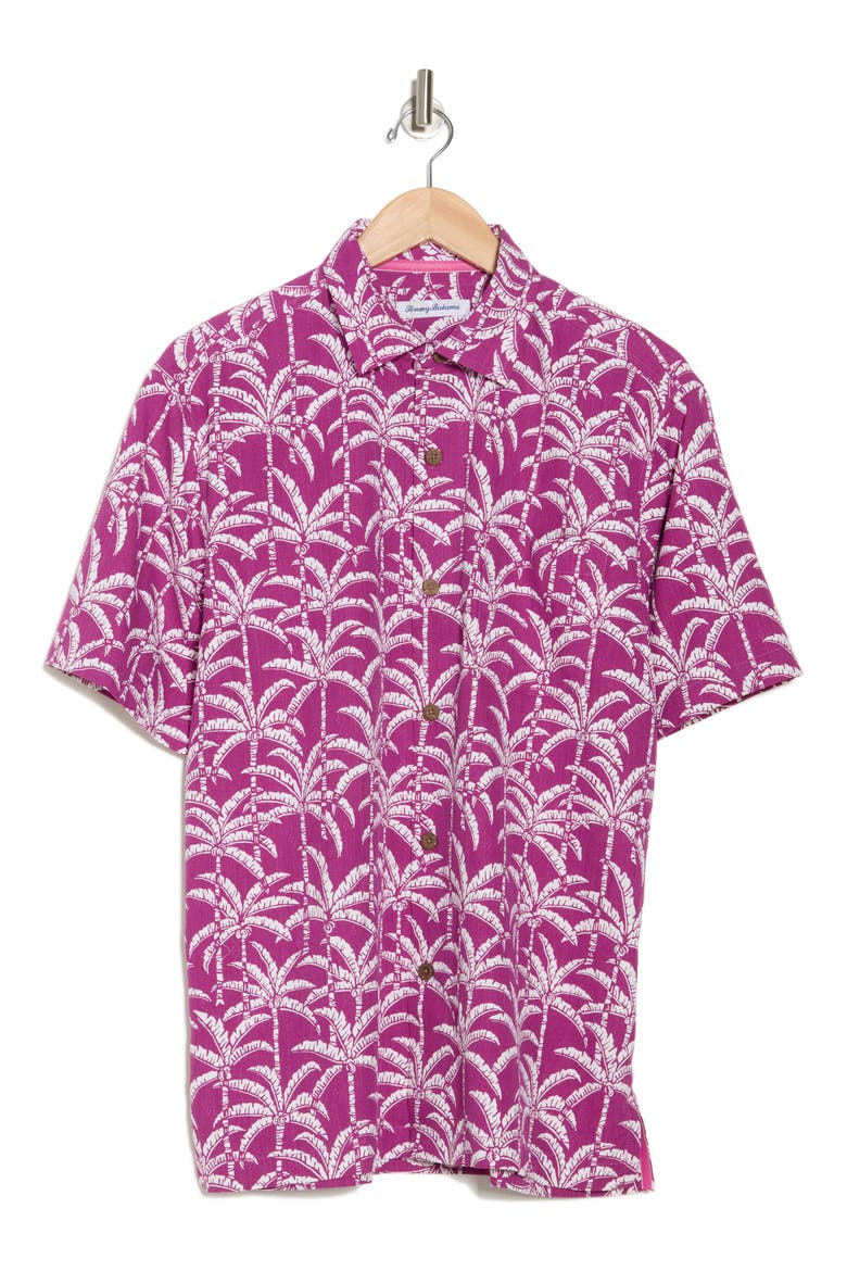 Palm Party Short Sleeve Silk Blend Button-Up Shirt, Alternate, color, DEEP HOLLYHOCK