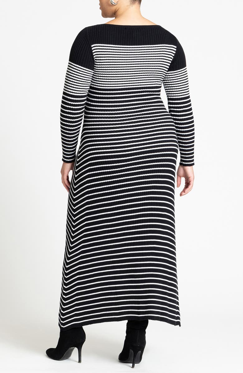 ELOQUII Stripe Long Sleeve Sweater Dress, Alternate, color, White On Black Stripe