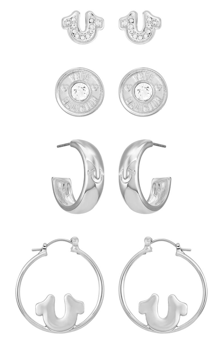 True Religion 4-Pack Assorted Stud & Hoop Earrings, Alternate, color, Silver Tone
