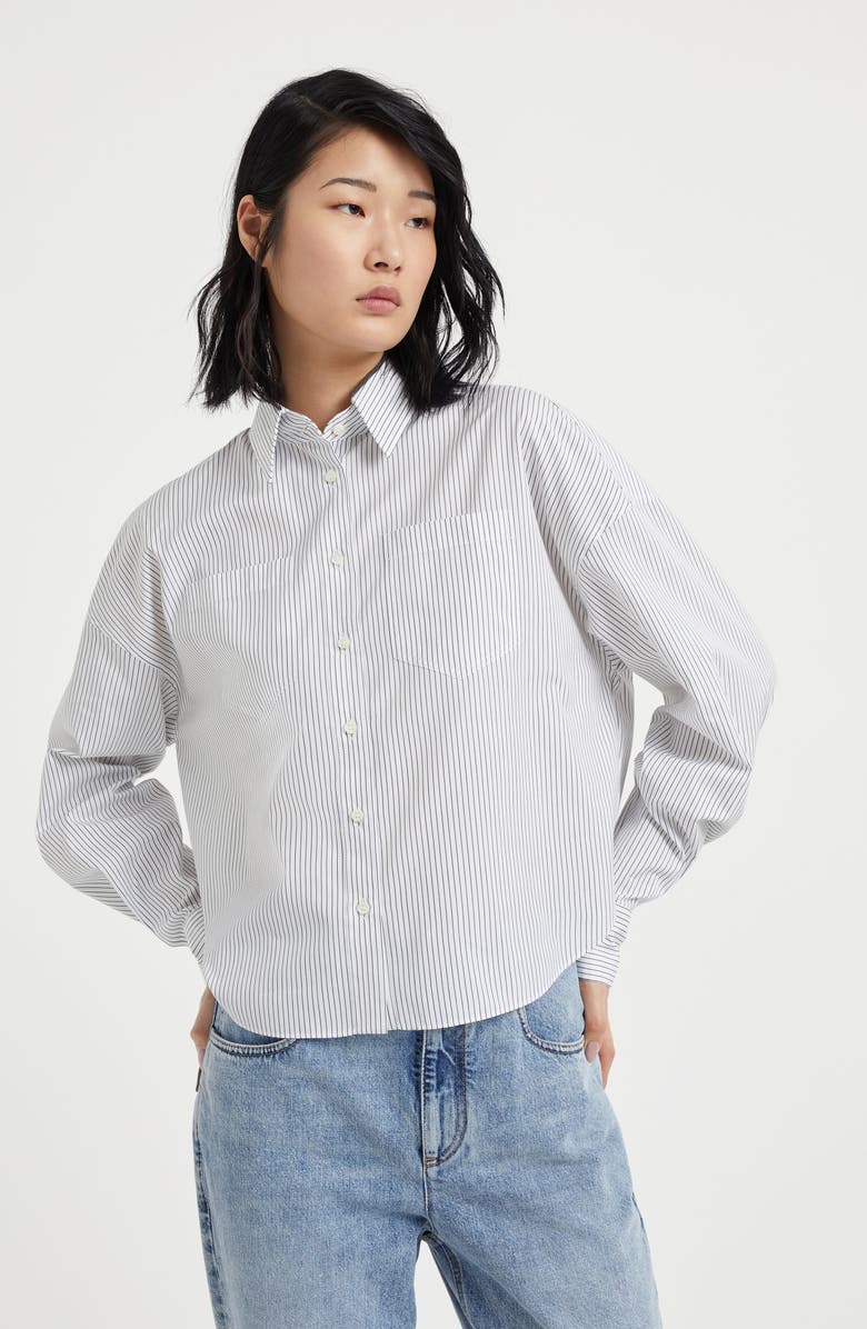 Brunello Cucinelli Cotton and silk chalk stripe poplin shirt with shiny collar detail, Alternate, color, 