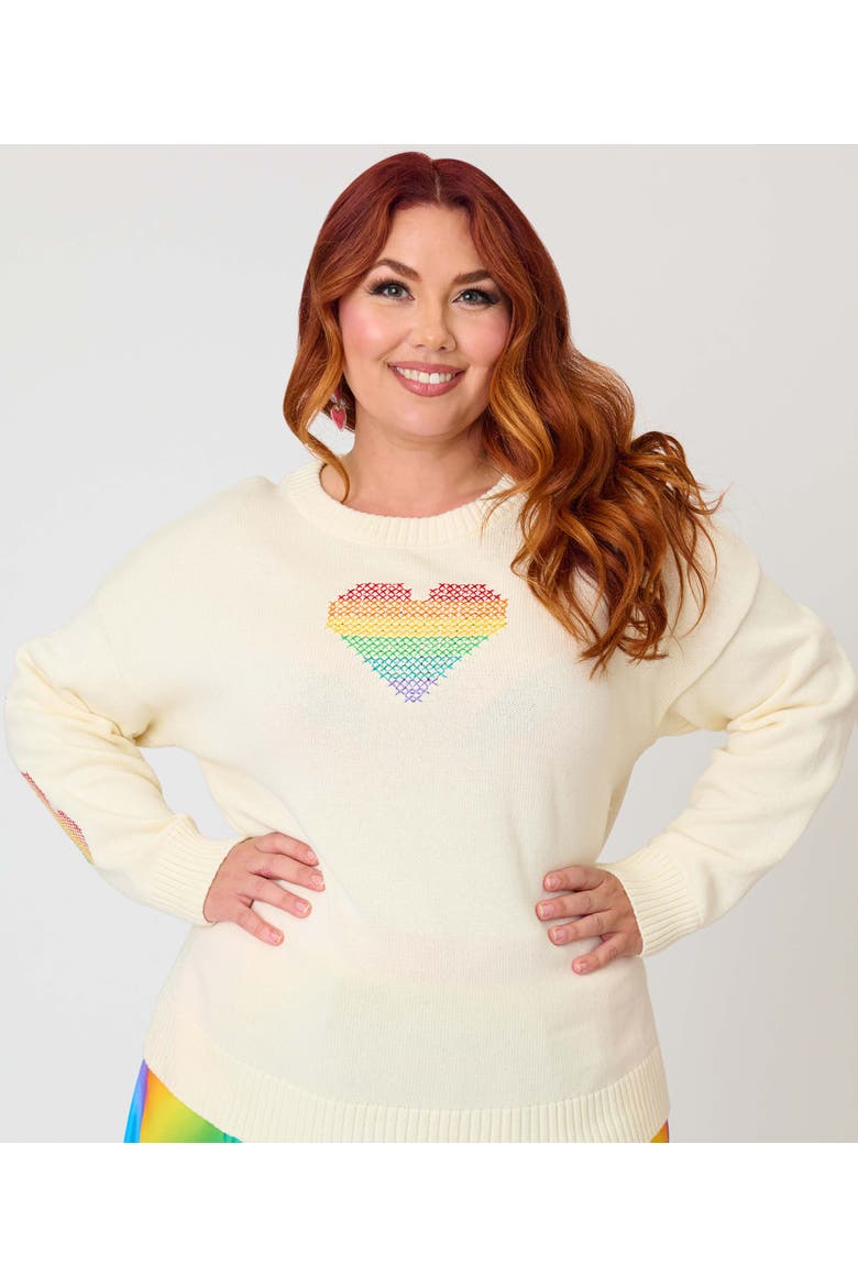 Plus Size Long Sleeve Sweater, Alternate, color, Beige w/ Rainbow Heart Print
