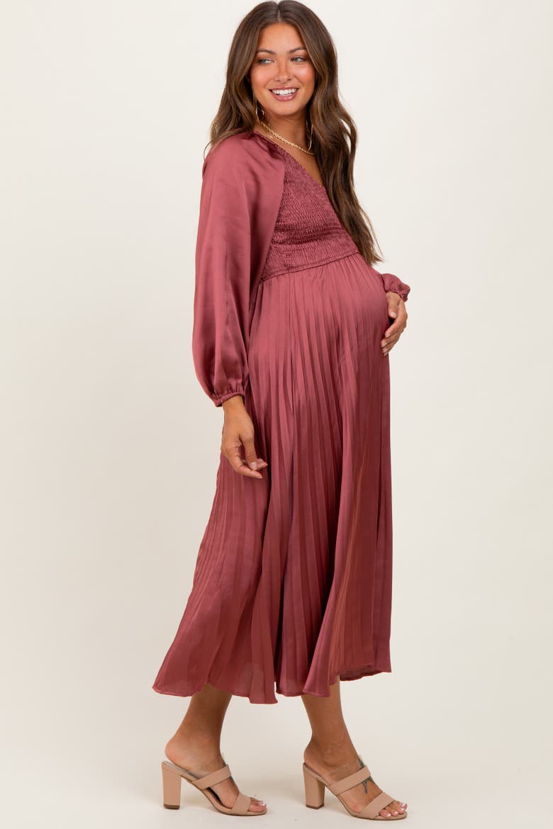 Satin Smocked Pleated Midi Dress, Alternate, color, Mauve