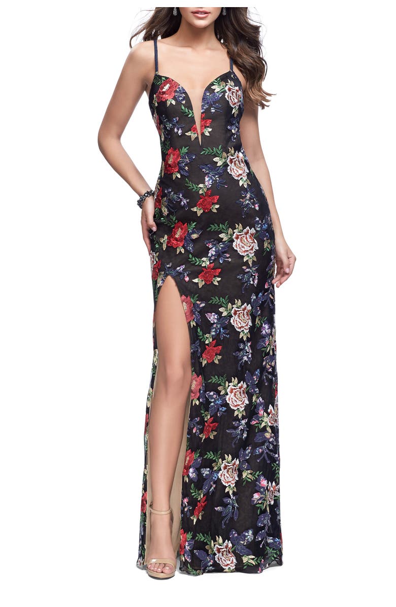 La Femme Floral Print Prom Gown with Plunging Neckline and Leg Slit, Alternate, color, Multi