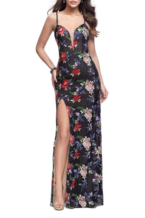 La Femme Floral Print Prom Gown With Plunging Neckline And Leg Slit In Multi