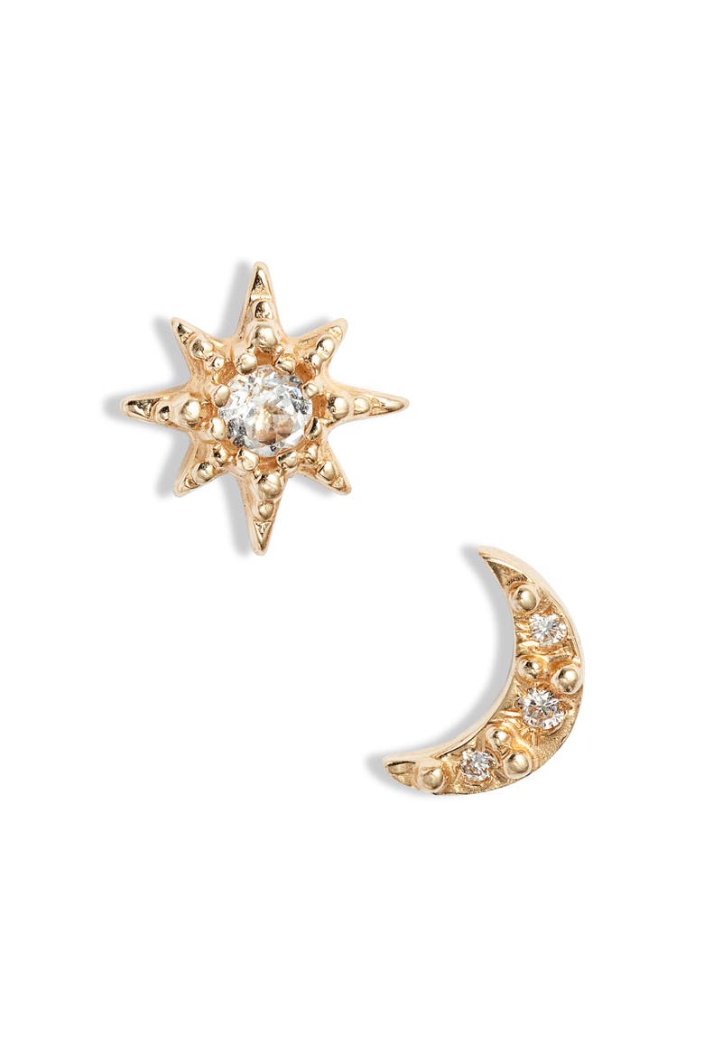 Moon Crescent Mismatched Stud Earrings, Main, color, YELLOW GOLD