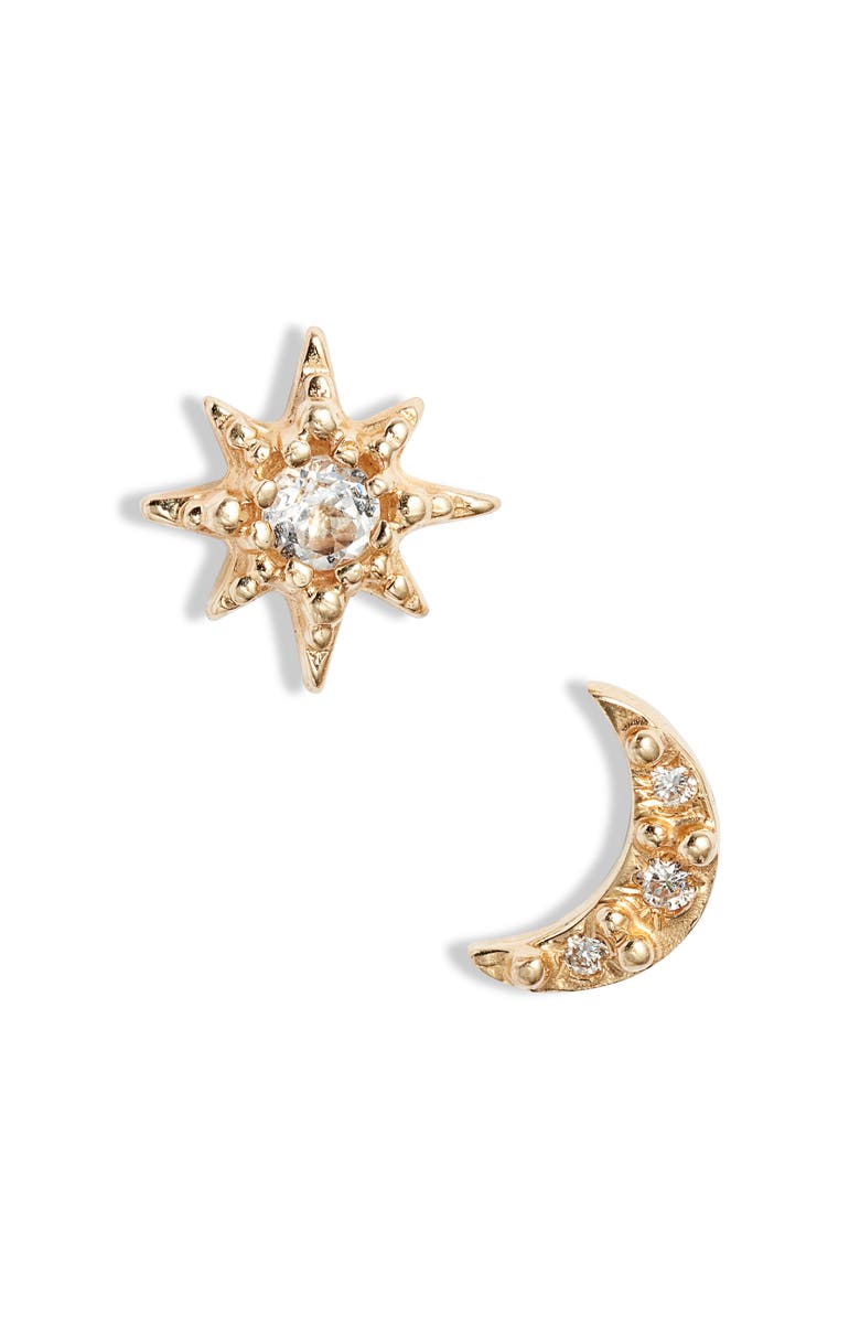 Anzie Moon Crescent Mismatched Stud Earrings, Main, color, Yellow Gold