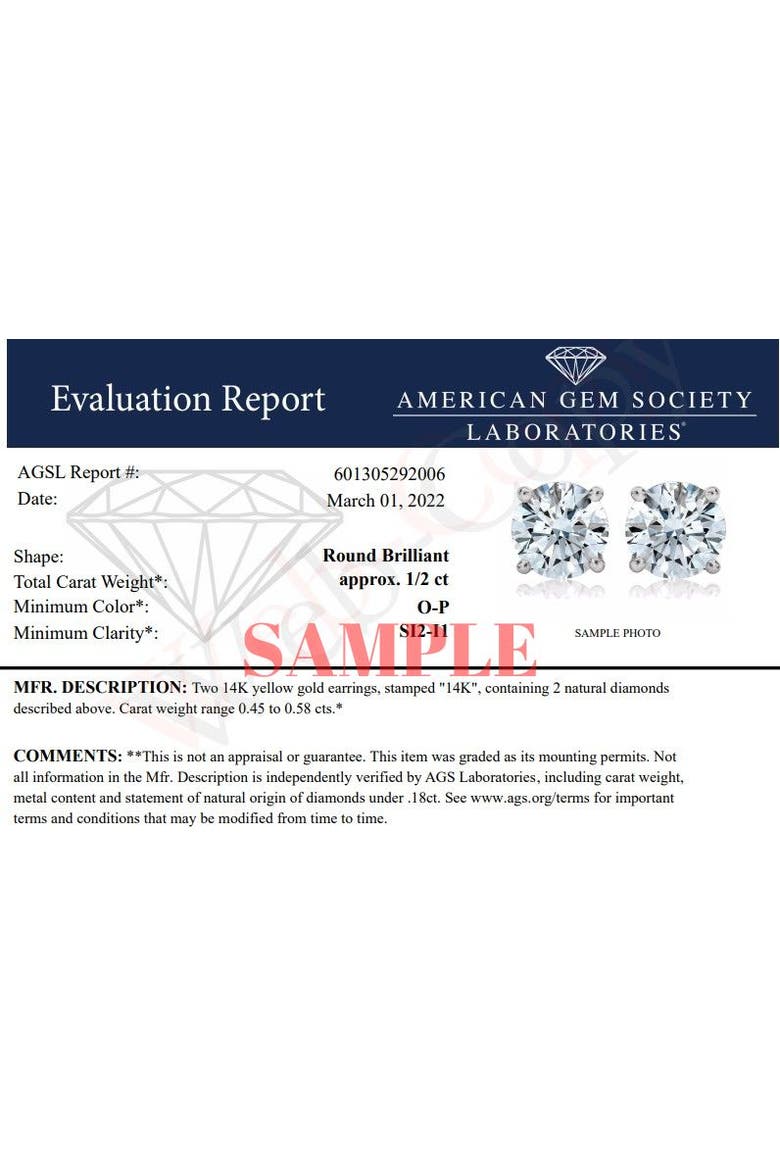 Certified 14K Yellow Gold 1/2 Ct Solitaire Diamond Stud Earrings, Alternate, color, Yellow