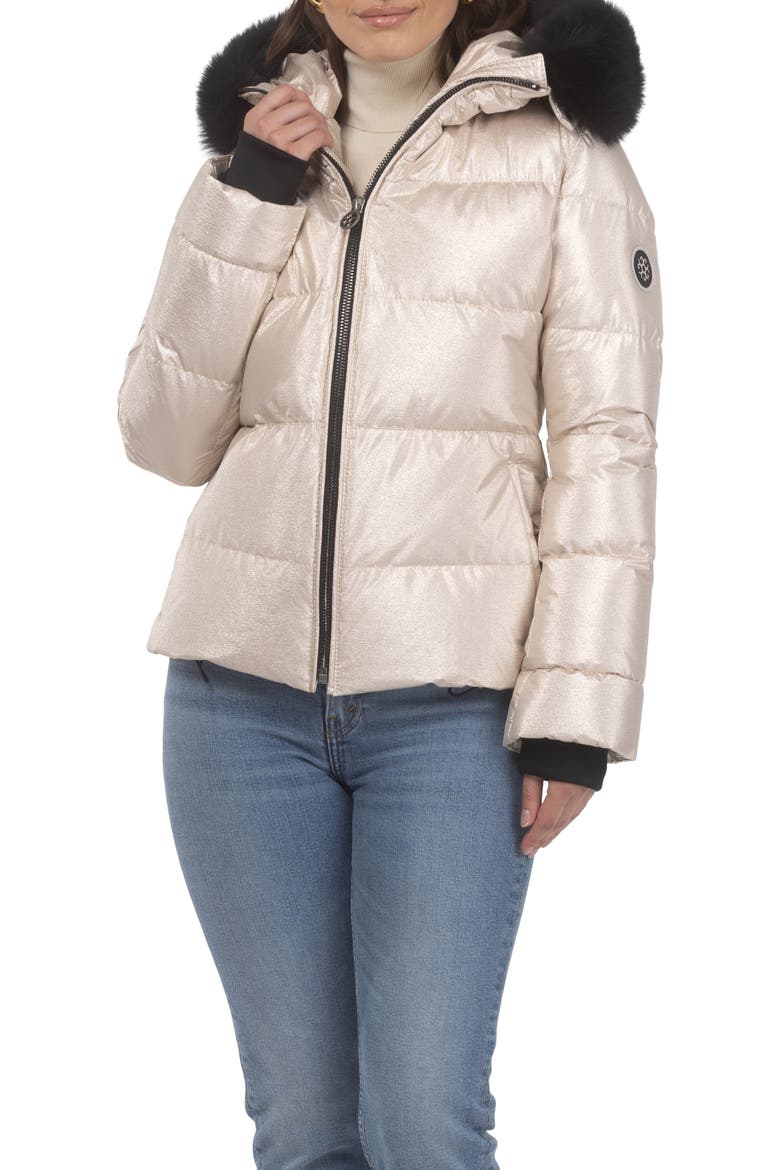 Apres-Ski Short Bomber Jacket with Detachable Genuine Shearling Hood Trim, Alternate, color, GOLD/BLACK
