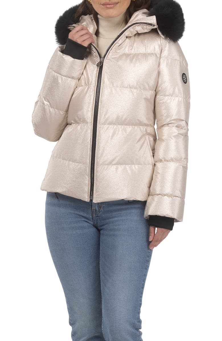 GORSKI Apres-Ski Short Bomber Jacket with Detachable Genuine Shearling Hood Trim, Alternate, color, Gold/Black