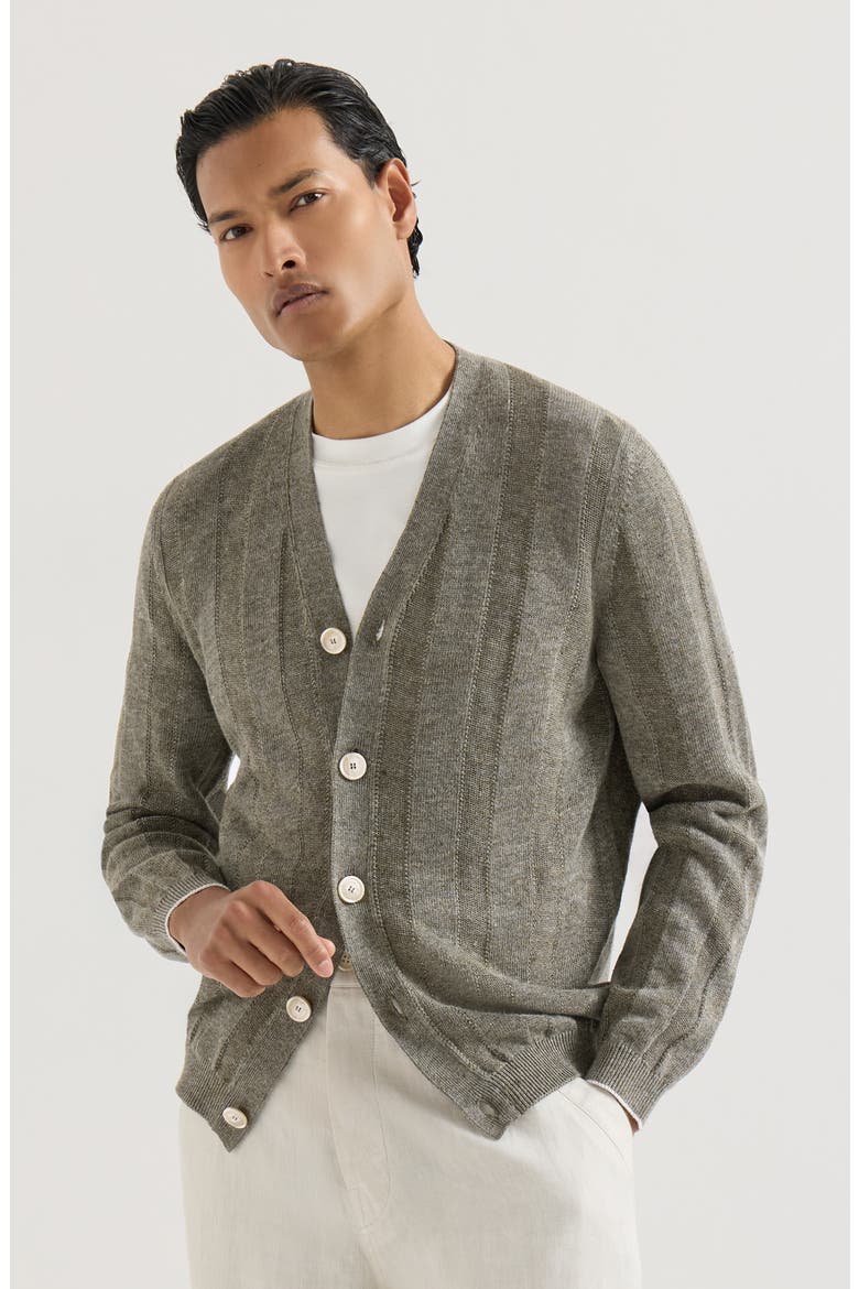 Linen and cotton textured rib cardigan, Main, color, Olive