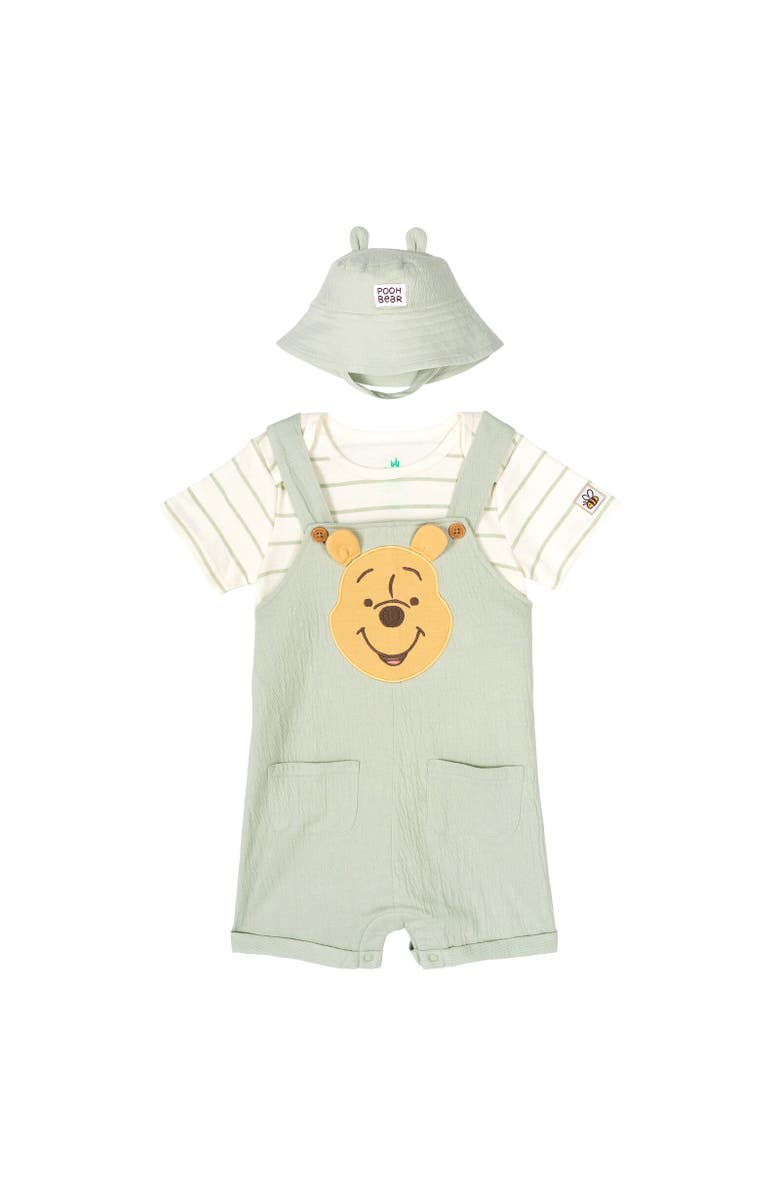 Disney Winnie the Pooh Baby Boys' Shortall and T-Shirt Set with Hat, Alternate, color, Pooh Light Green