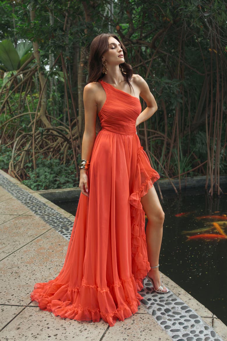 One Shoulder Asymmetrical Ruffle Chiffon Gown, Alternate, color, Tangerine