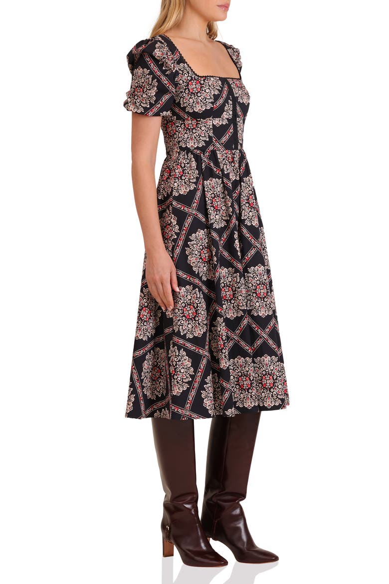 Botanical Print Corset Bodice Stretch Cotton Midi Dress, Alternate, color, FLORENTINE FOULARD