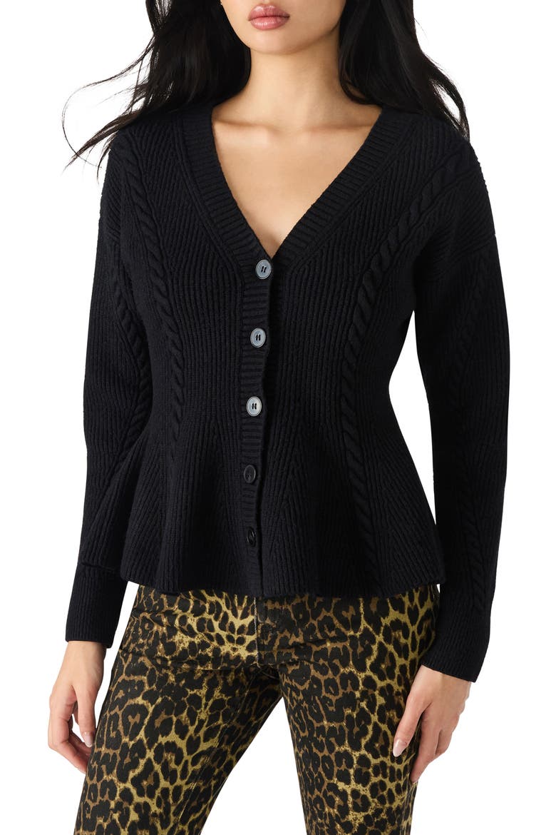 Courtney Rib Peplum Cardigan, Main, color, BLACK