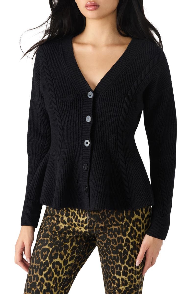 Steve Madden Courtney Rib Peplum Cardigan, Main, color, Black