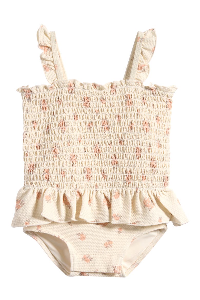 Ruffle Smocked Bodice Piqué One-Piece Swimsuit, Main, color, IVORY