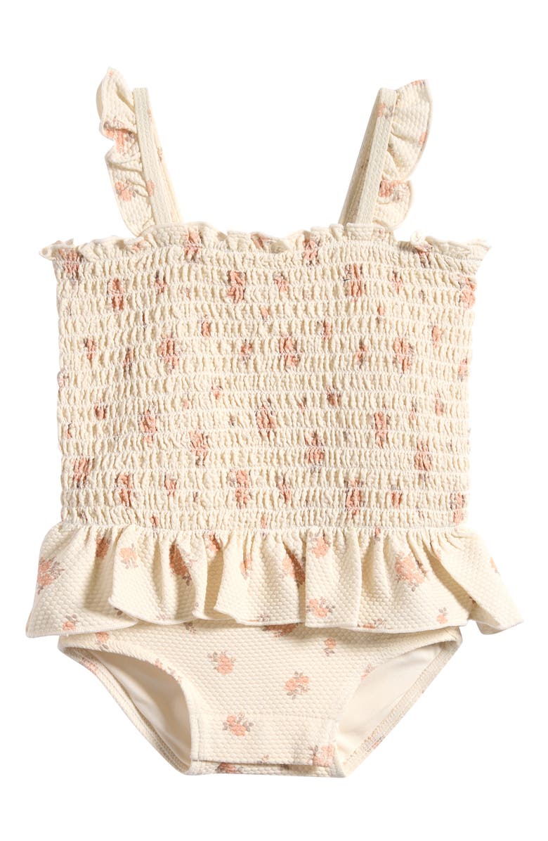 QUINCY MAE Ruffle Smocked Bodice Piqué One-Piece Swimsuit, Main, color, Ivory