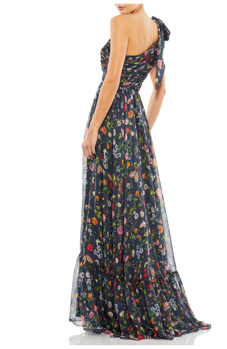 Mac Duggal Petite Tied One Shoulder Cut-Out Flowy Gown, Alternate, color, Navy Multi