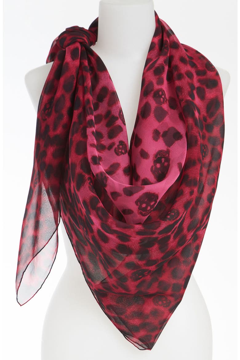 Alexander McQueen 'Leopard Skull' Chiffon Scarf, Main, color, PINK FUXIA/ BLACK