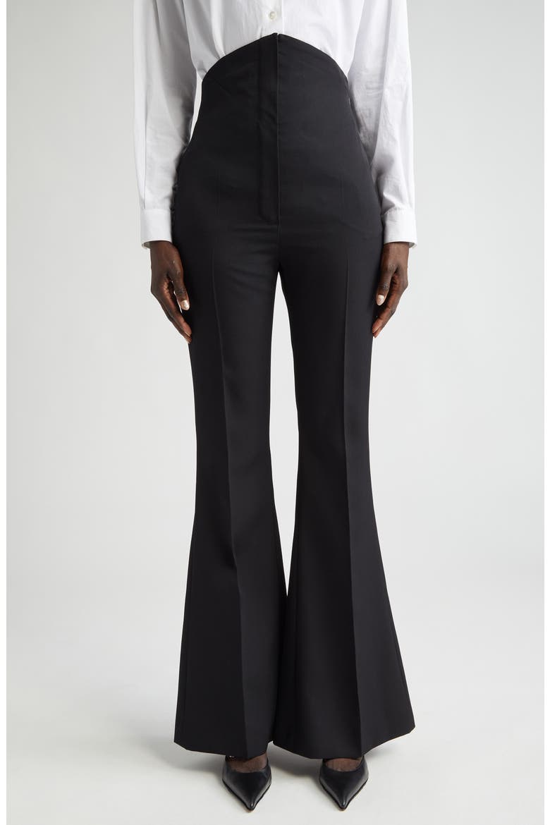 Foldover Waist Wool Flare Leg Trousers, Main, color, BLACK