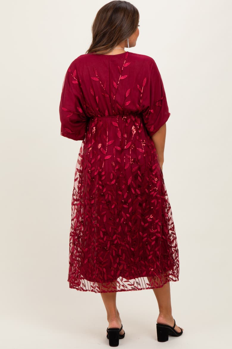 Embroidered Tulle Dolman V-Neck Midi Dress, Alternate, color, Burgundy