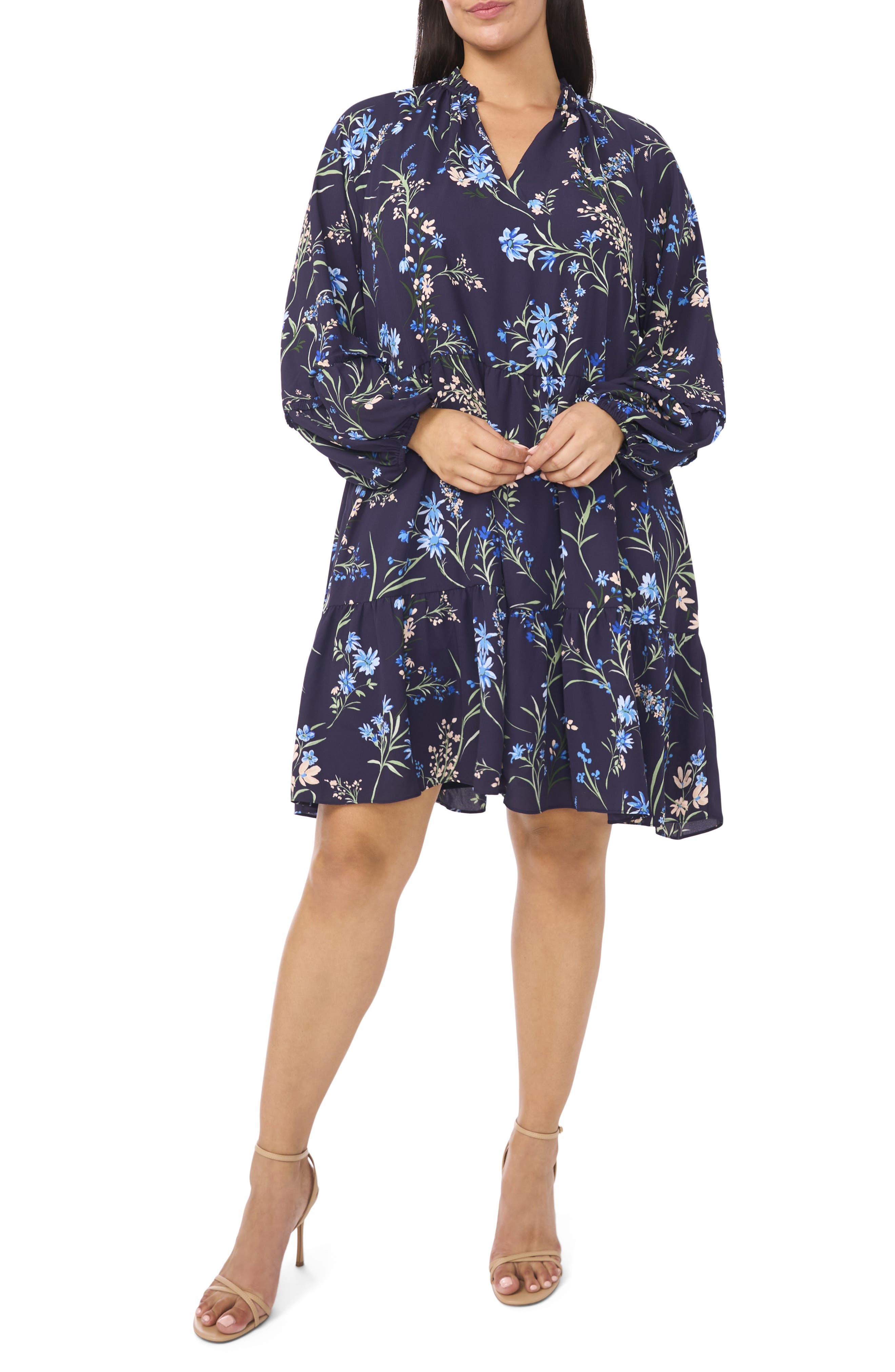 CeCe Floral Long Sleeve Babydoll Dress