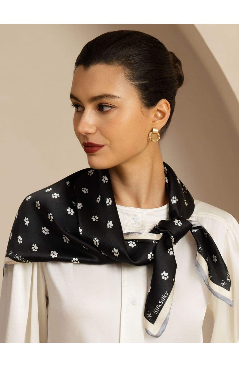 SILKSILKY Pure Silk Paw Print Square Scarf, Alternate, color, Black