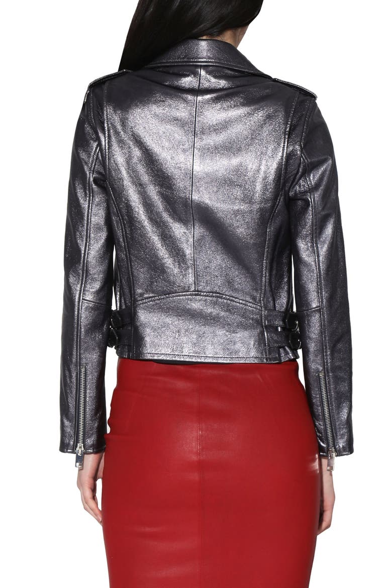 Liz Metallic Leather Crop Moto Jacket, Alternate, color, GUNMETAL LEATHER