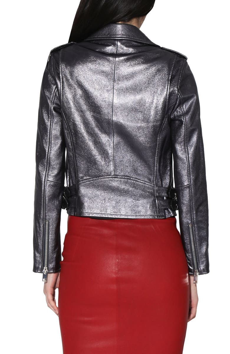 Walter Baker Liz Metallic Leather Crop Moto Jacket, Alternate, color, Gunmetal Leather