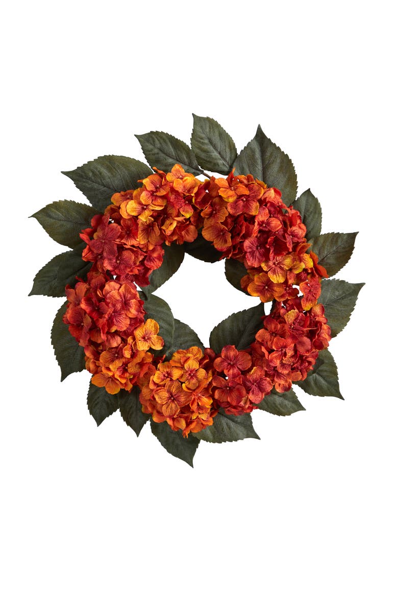 20-in Autumn Hydrangea Artificial Wreath, Main, color, Orange