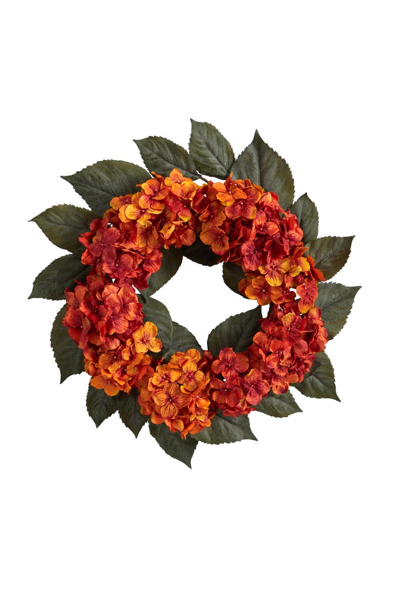 NEARLY NATURAL 20-in Autumn Hydrangea Artificial Wreath, Main, color, Orange