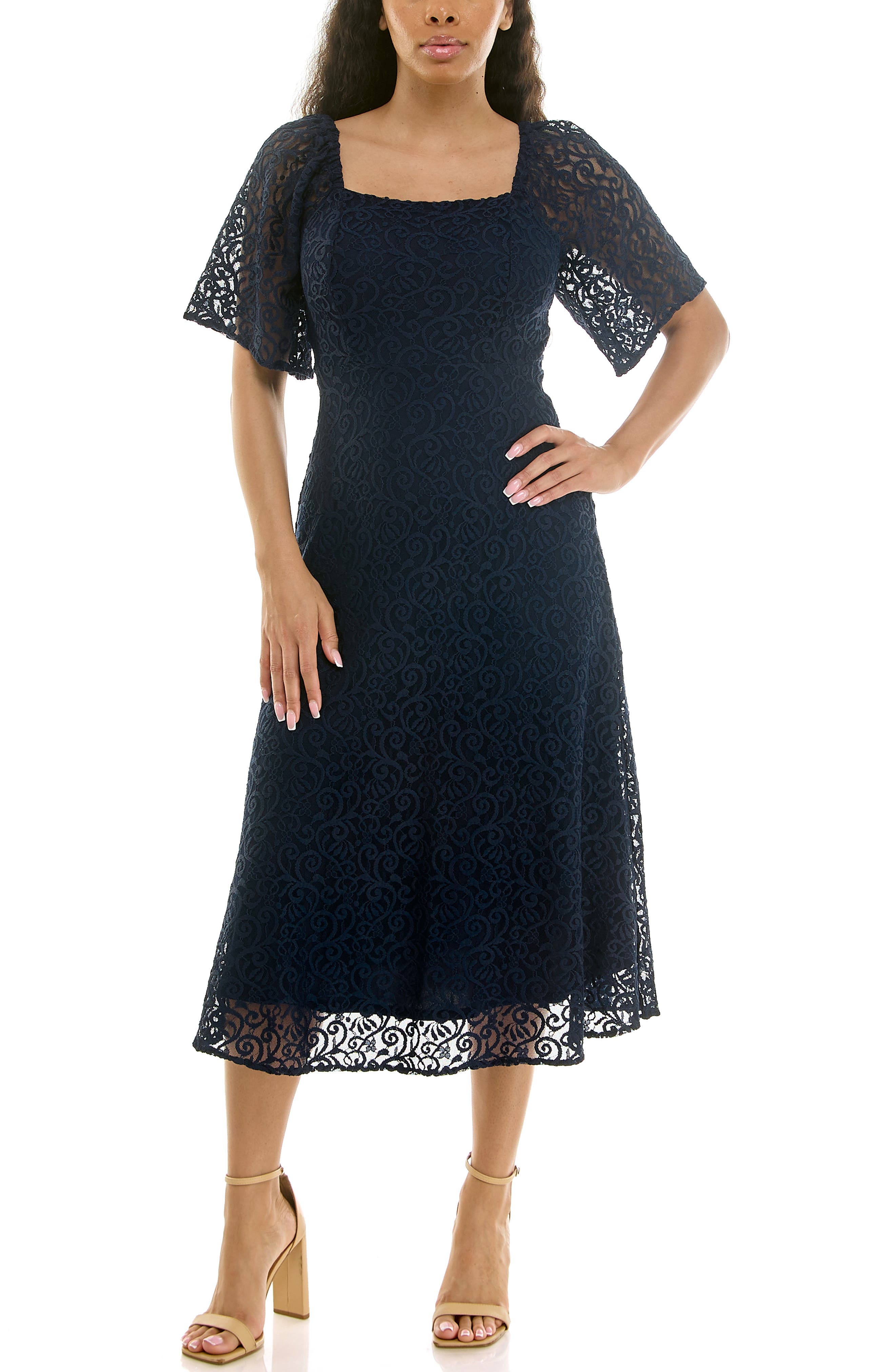 Nina Leonard Flutter Sleeve Lace MIdi Dress