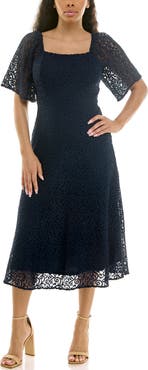 Nina Leonard Flutter Sleeve Lace MIdi Dress