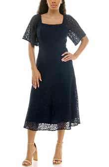 Nina Leonard Flutter Sleeve Lace MIdi Dress