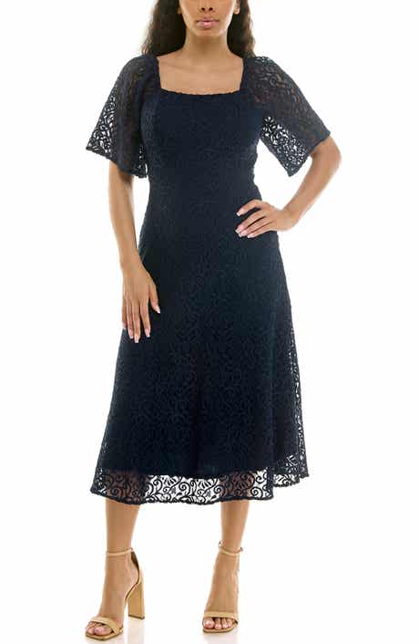 Nina Leonard Flutter Sleeve Lace MIdi Dress