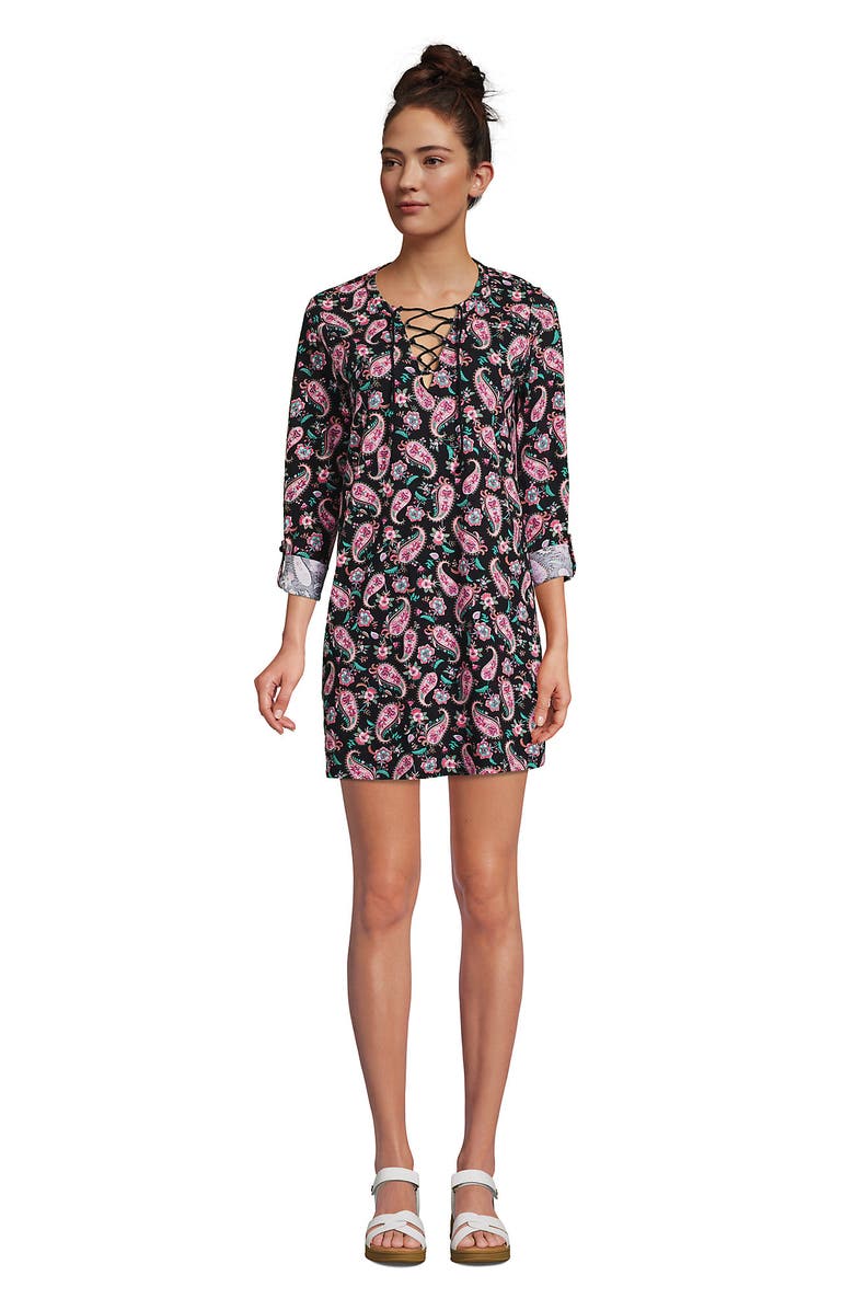 Lands' End Cotton Jersey V-neck Tunic Swim Cover-up Shirtdress, Alternate, color, Black Multi Paisley Floral