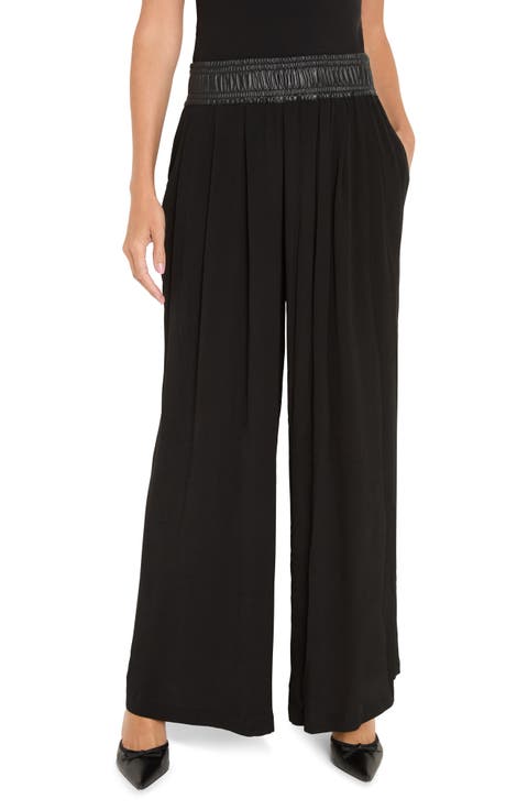 Faux Leather Waistband Wide Leg Pants